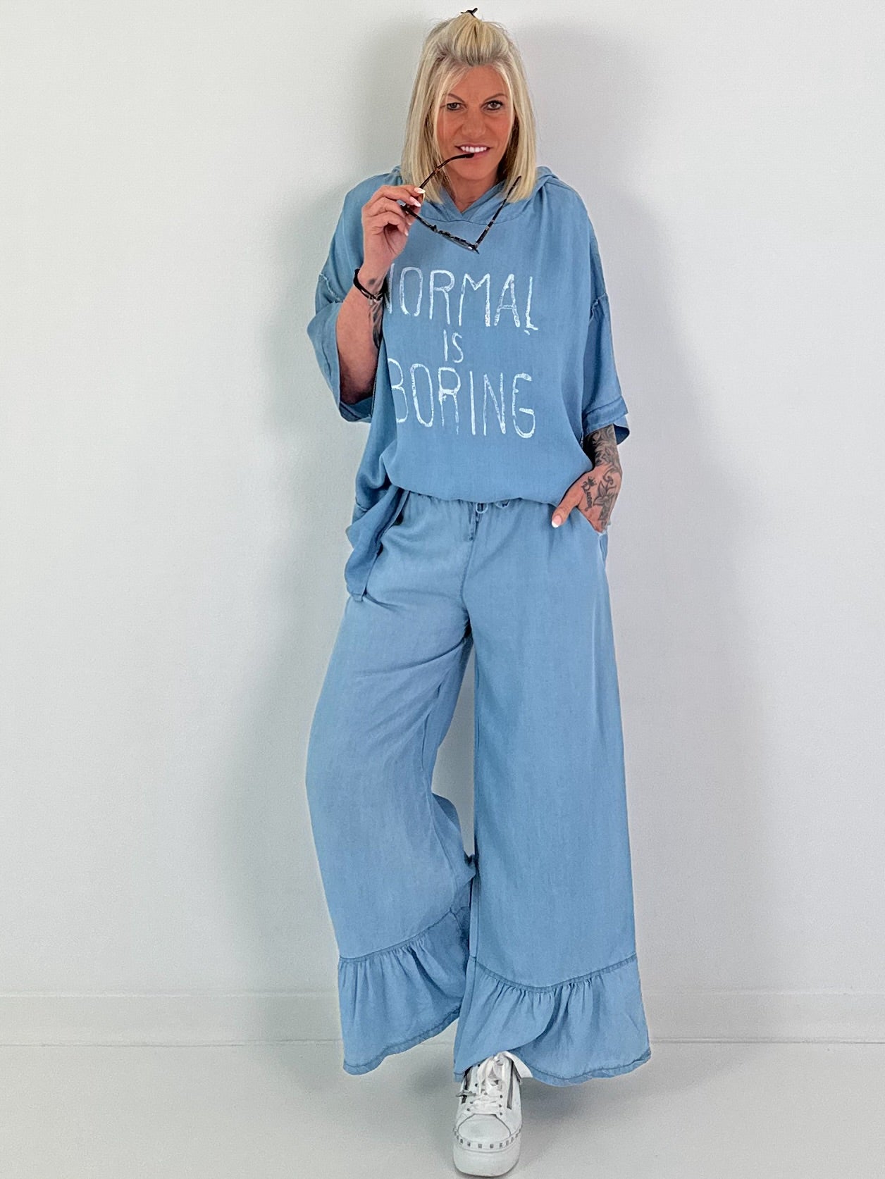 Oversized Hooded Denim Shirt - Light Blue