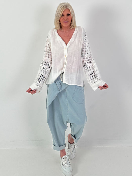 Linen blouse with crochet inserts - white