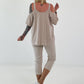 Shirt mit Cold Shoulder und Leo Strass - beige