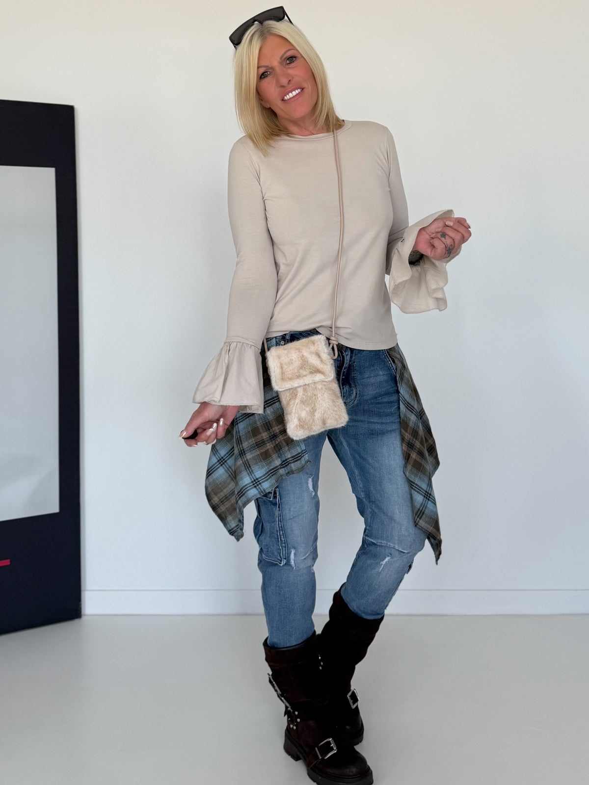 Shirt mit Trompetenärmelchen - beige