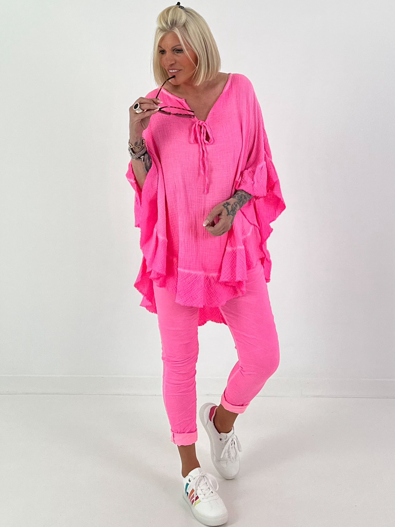 Muslin Tunic with Ruffles - neon pink