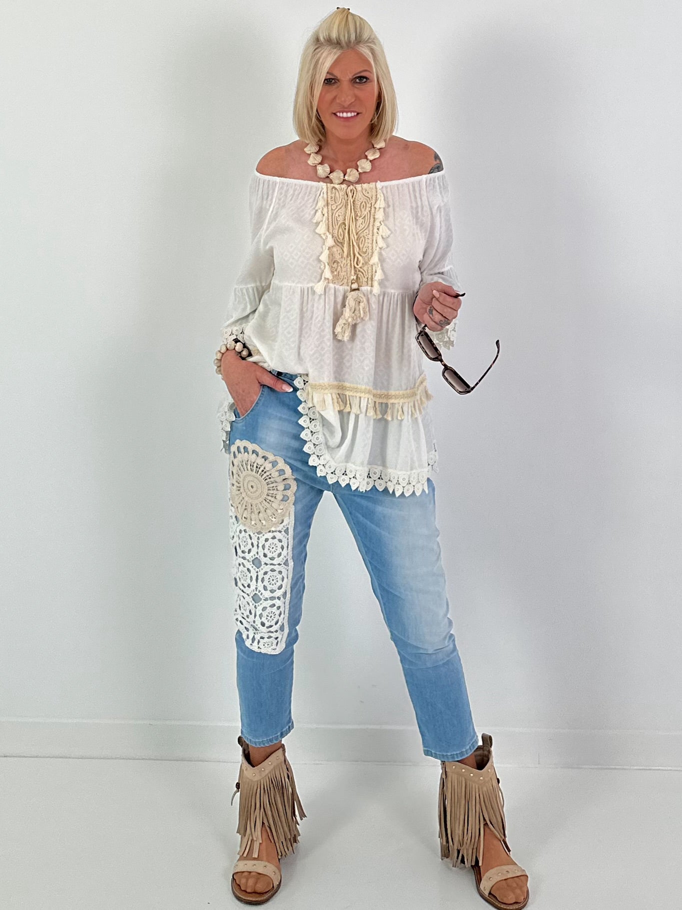 Boho Tunic with Crochet Details - White