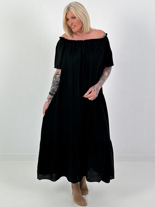 Kleid mit Rüschenkragen und Volantsaum - schwarz