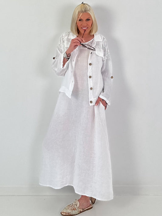 Linen jacket with crochet insert - white
