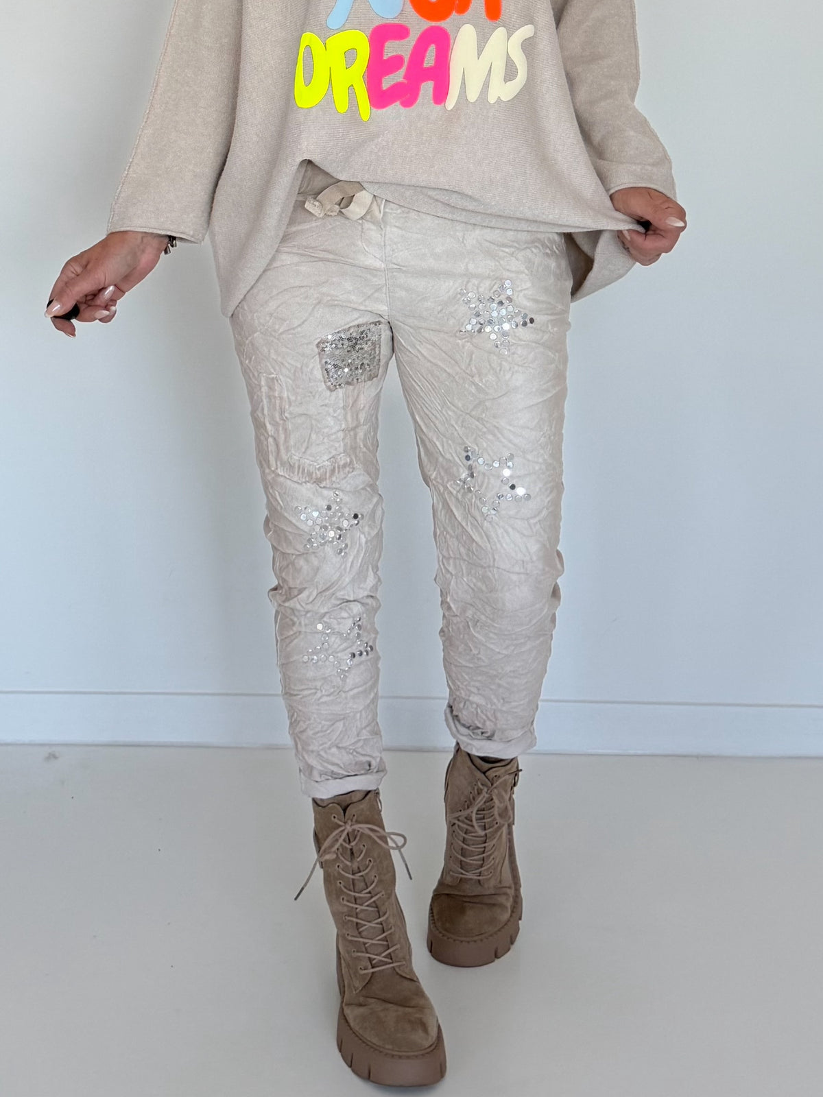 Broek van materiaalmix - beige