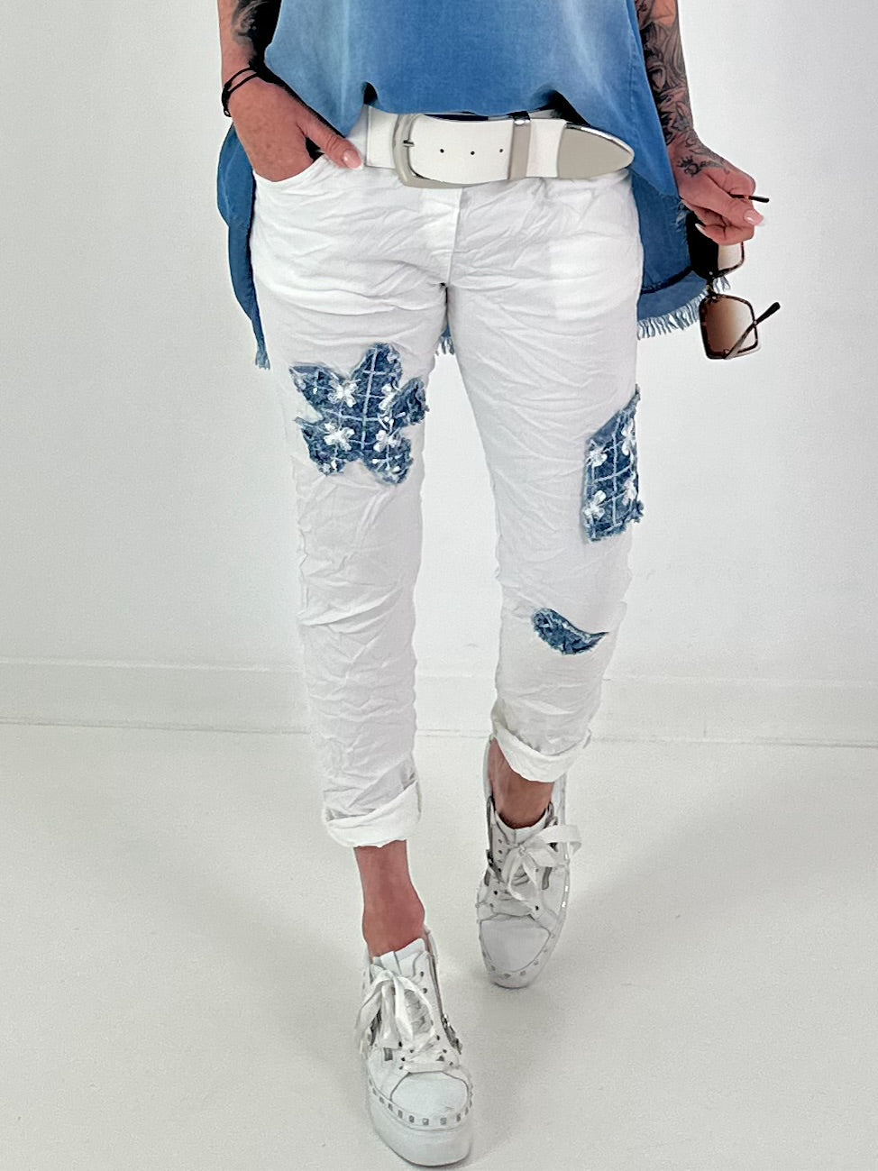 Trousers with denim and sequin details - white