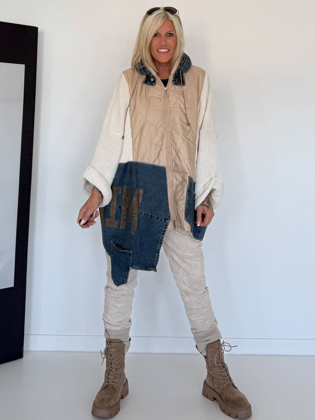 Asymmetrische Oversized Jacke im Materialmix - beige-ecru-denim
