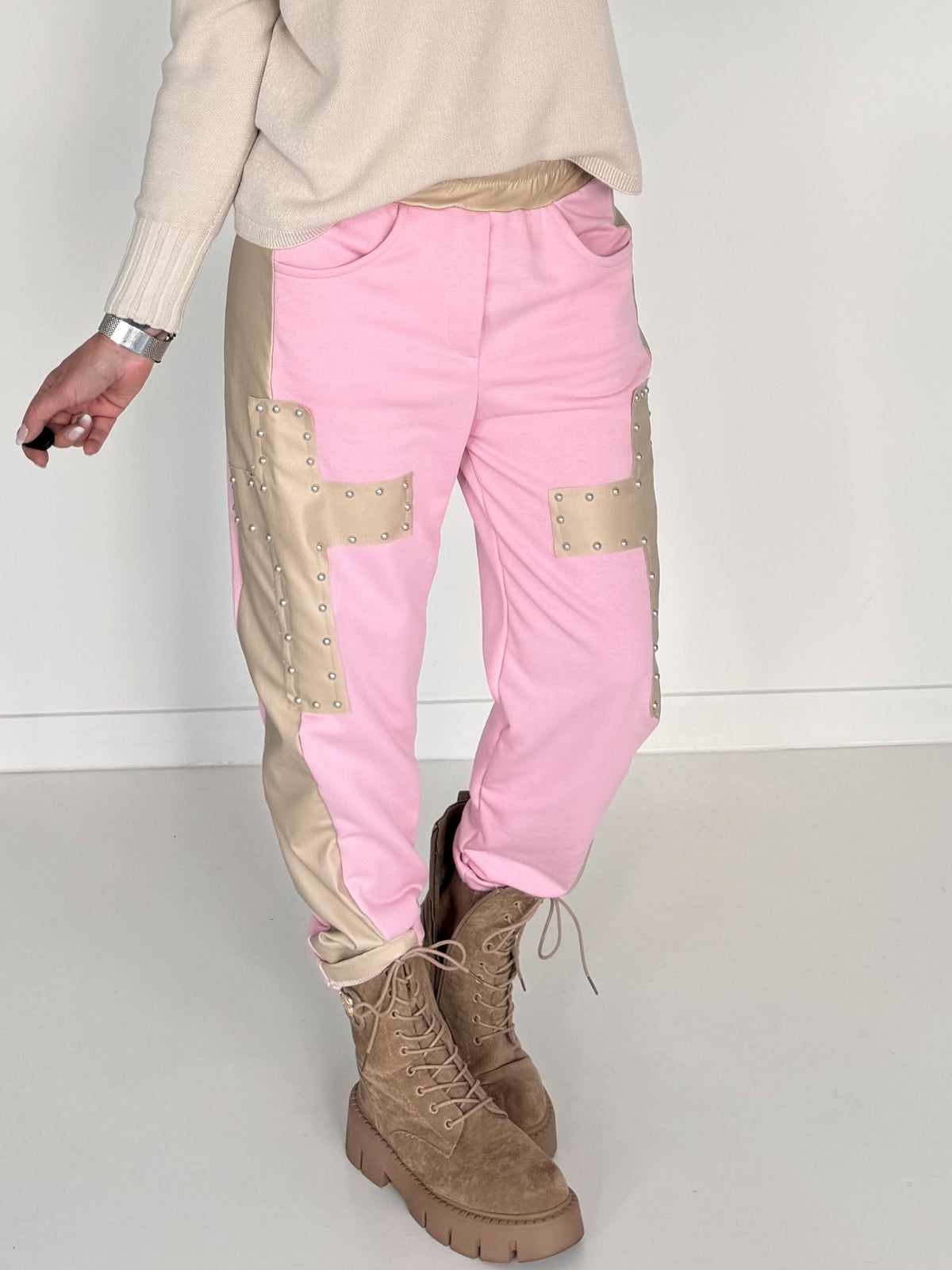 Sweathose im Materialmix - rosa-beige