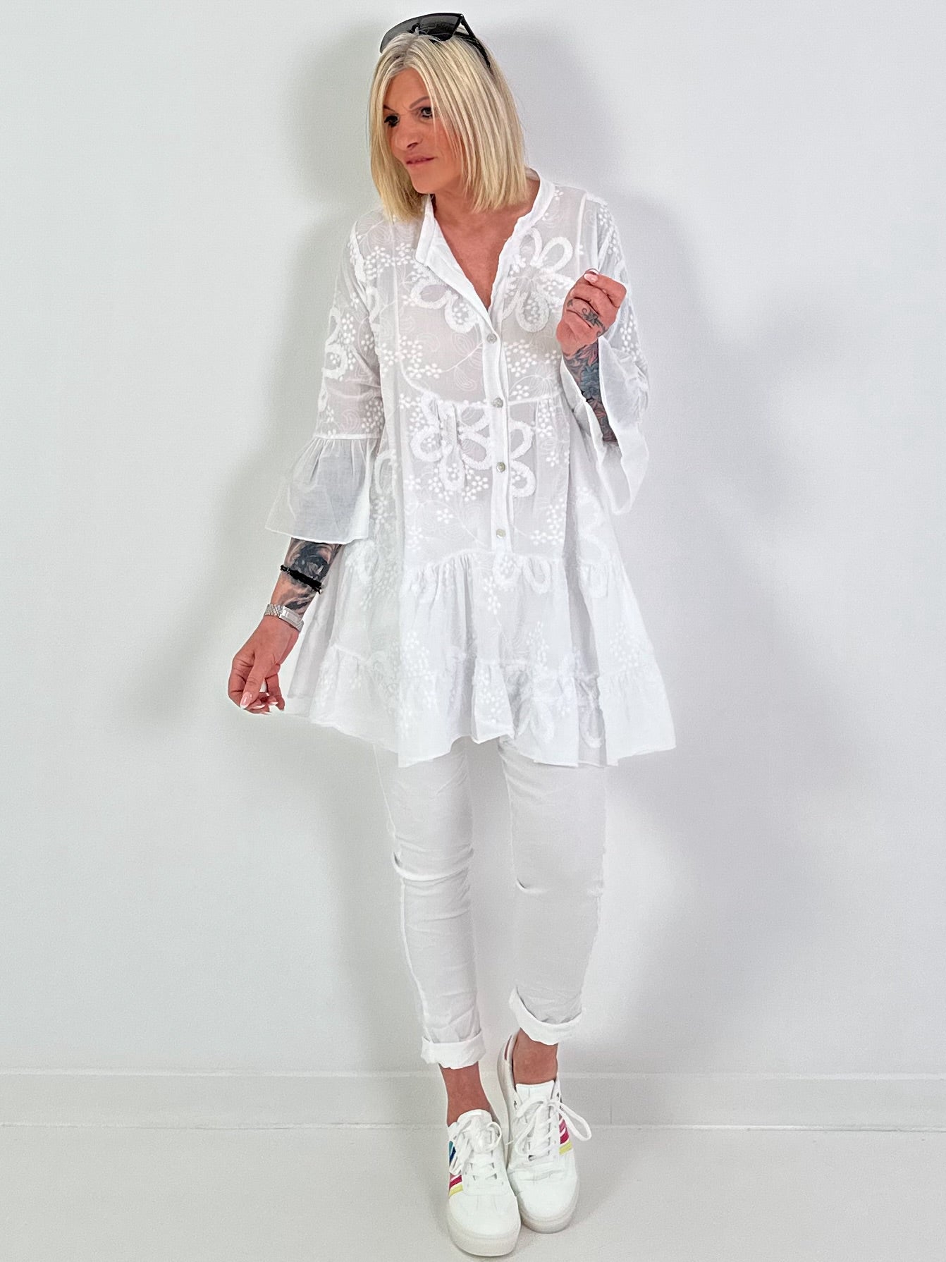 Tunic/dress with terrycloth appliqué - white