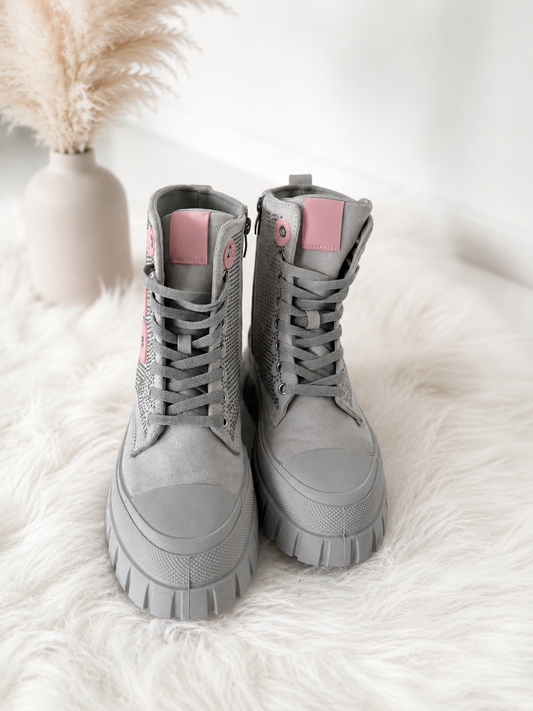 High-top sneakers in suede look with rhinestones - grey