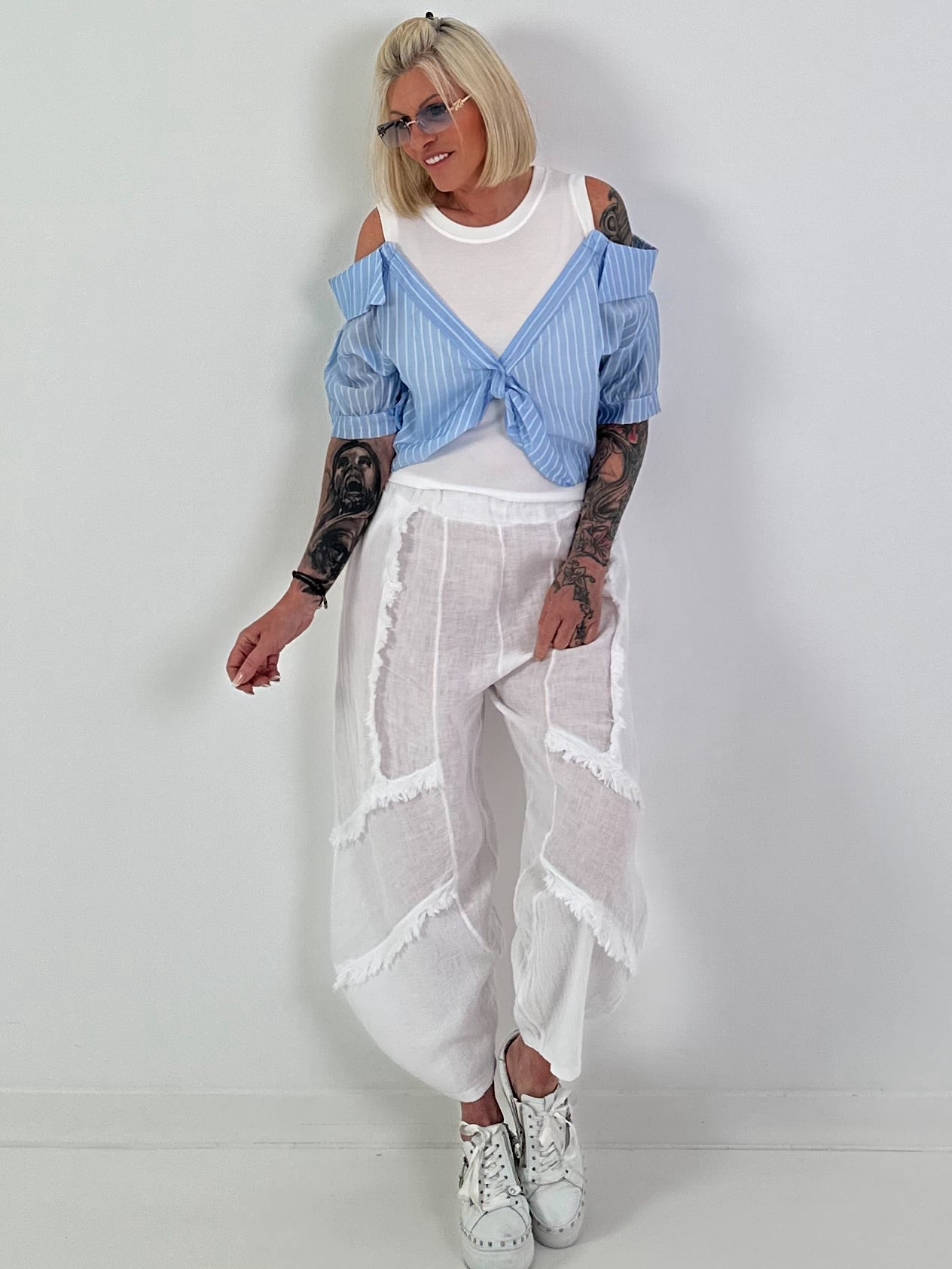 Ribbed top with blouse layering - white-light blue