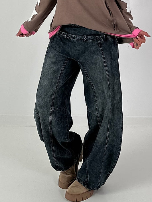 Casual Wide Leg Jeans with Special Seams - Used Black