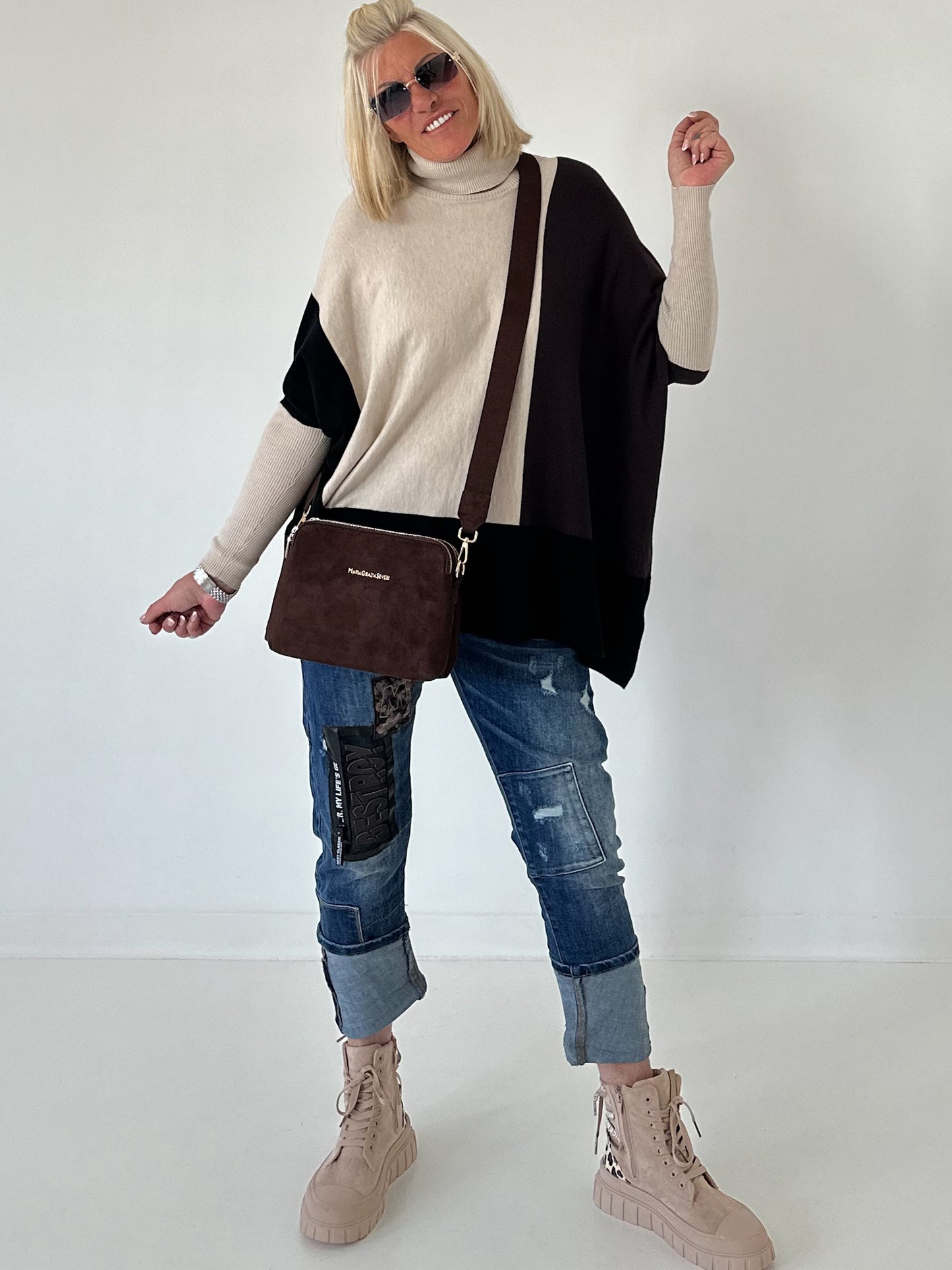 Oversized Feinstrickpullover mit Stulpenärmeln - beige-mokka-schwarz