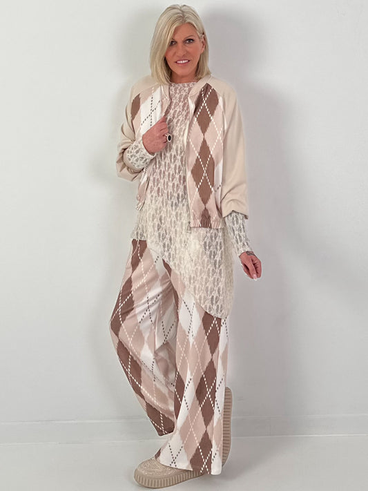 Leichte Jacke mit Rautenmuster - beige-braun-weiss