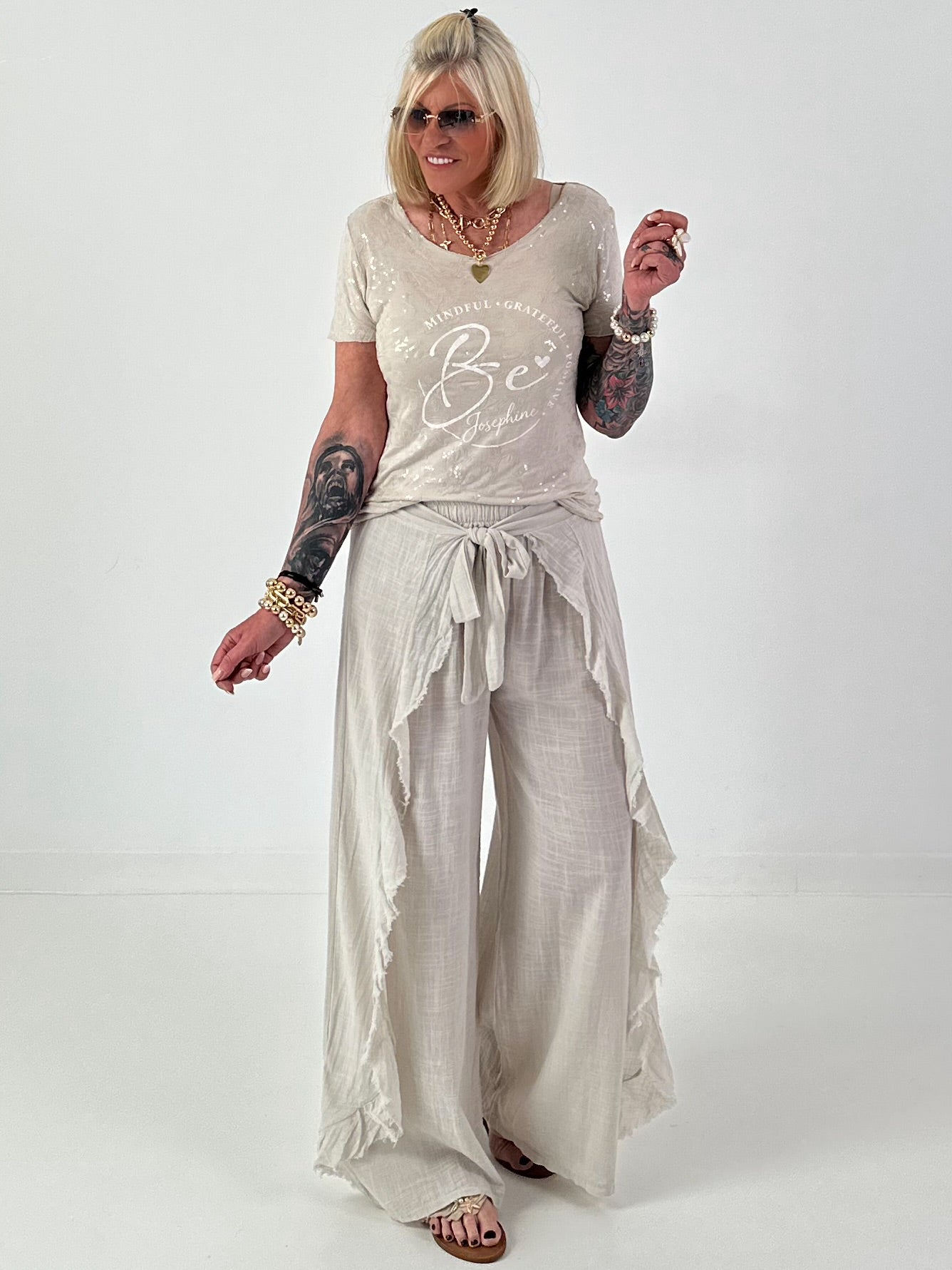 T-Shirt mit transparenten Pailletten - beige