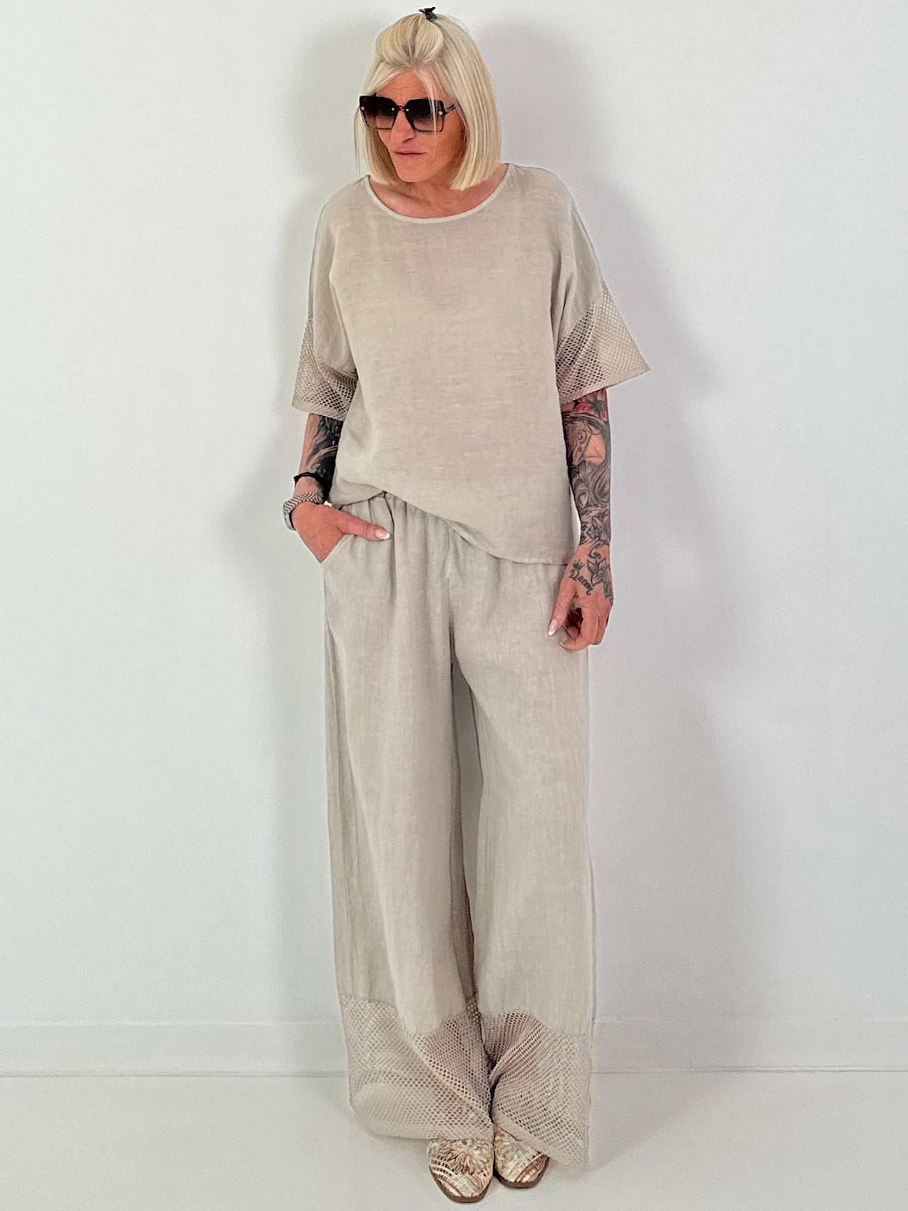Leinen Shirt mit kurzen Ärmeln - beige