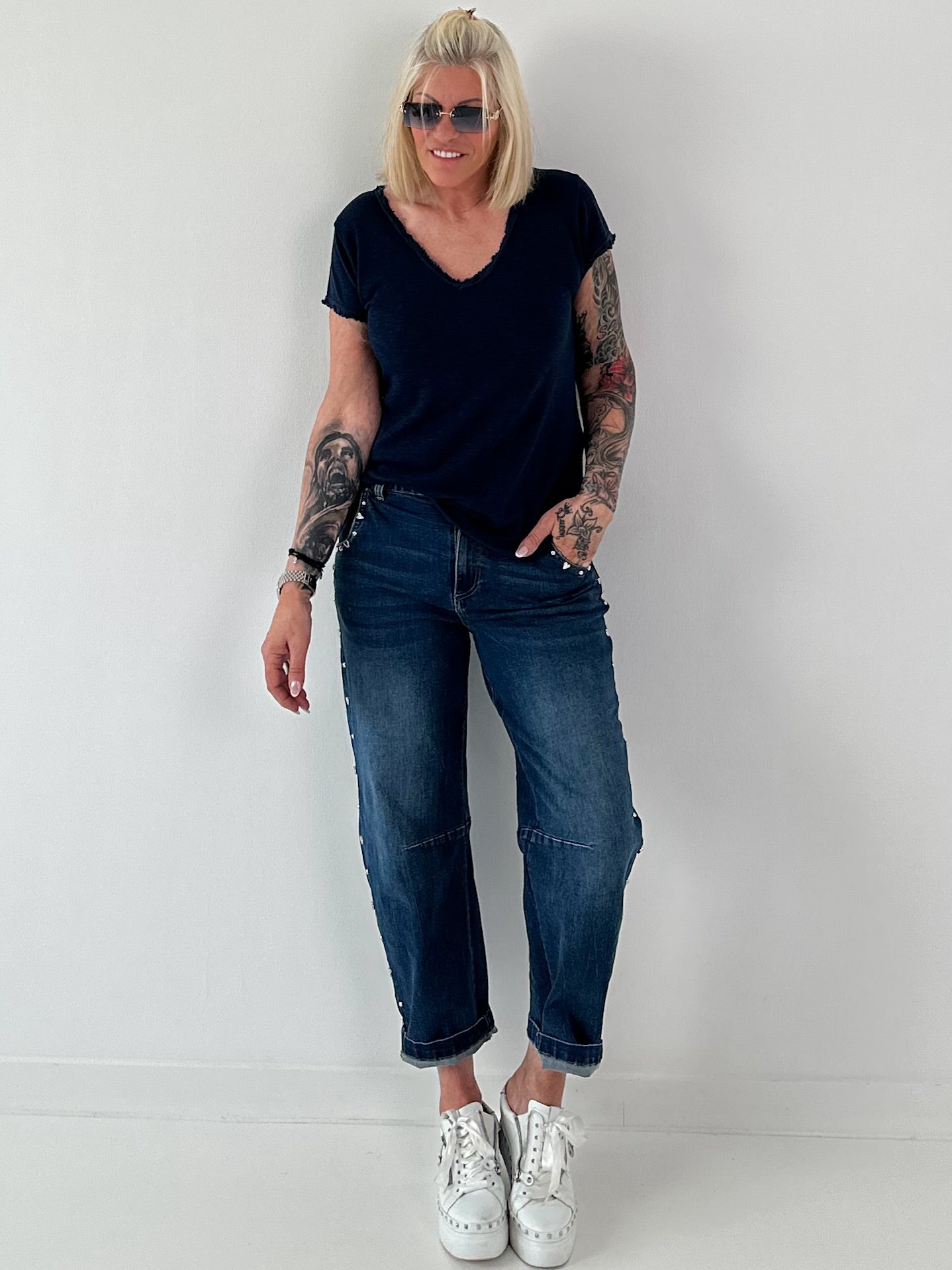 Ripp T-Shirt stone washed- dunkelblau