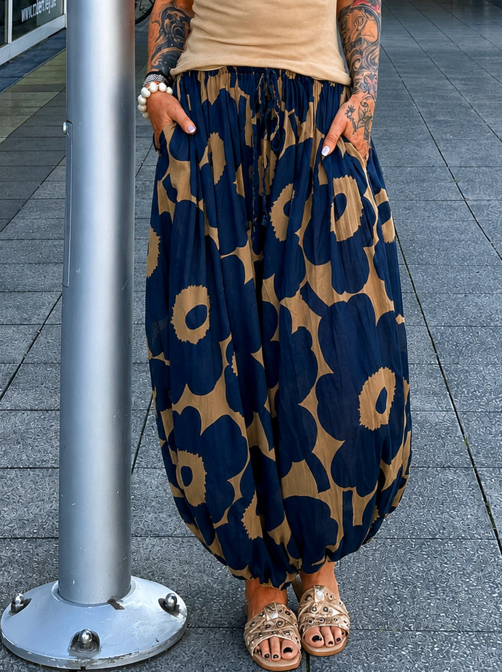 Leichte Pumphose mit floralem Print  - blau-camel