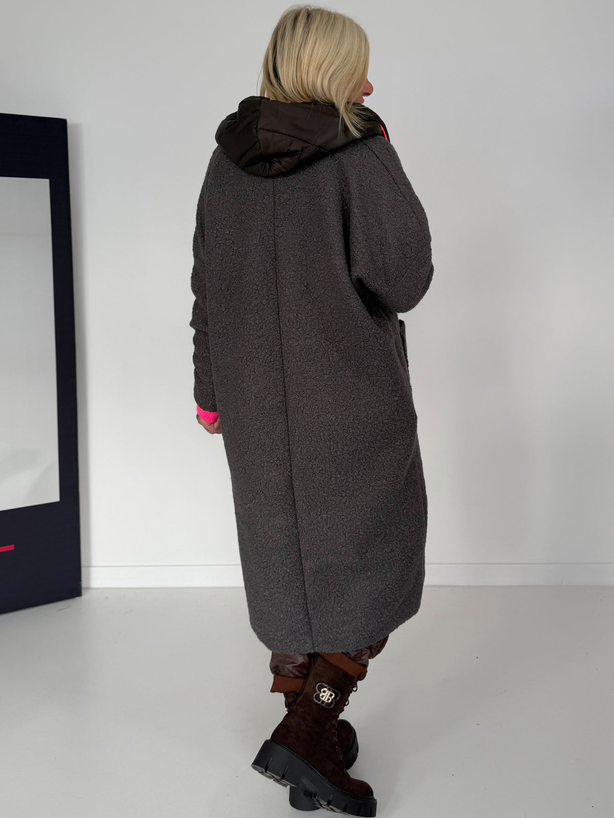 Coat in teddy curl look with neon accents - anthracite