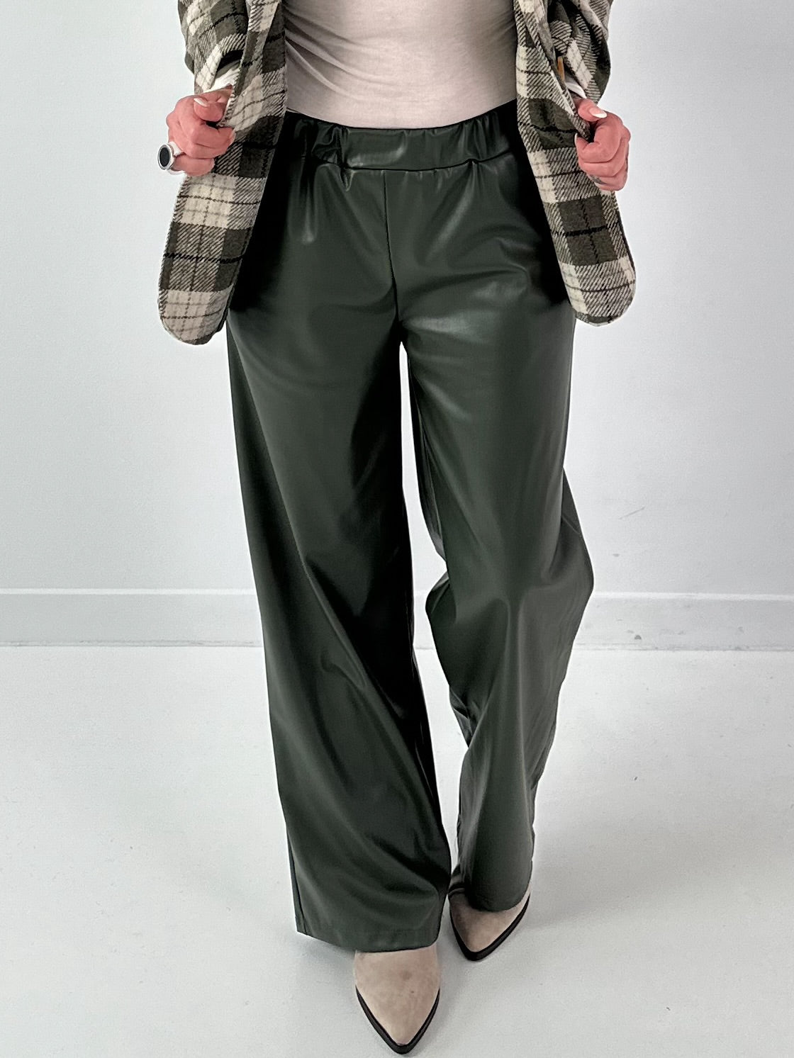 Leather-look trousers, model "Smooth Faux" - olive