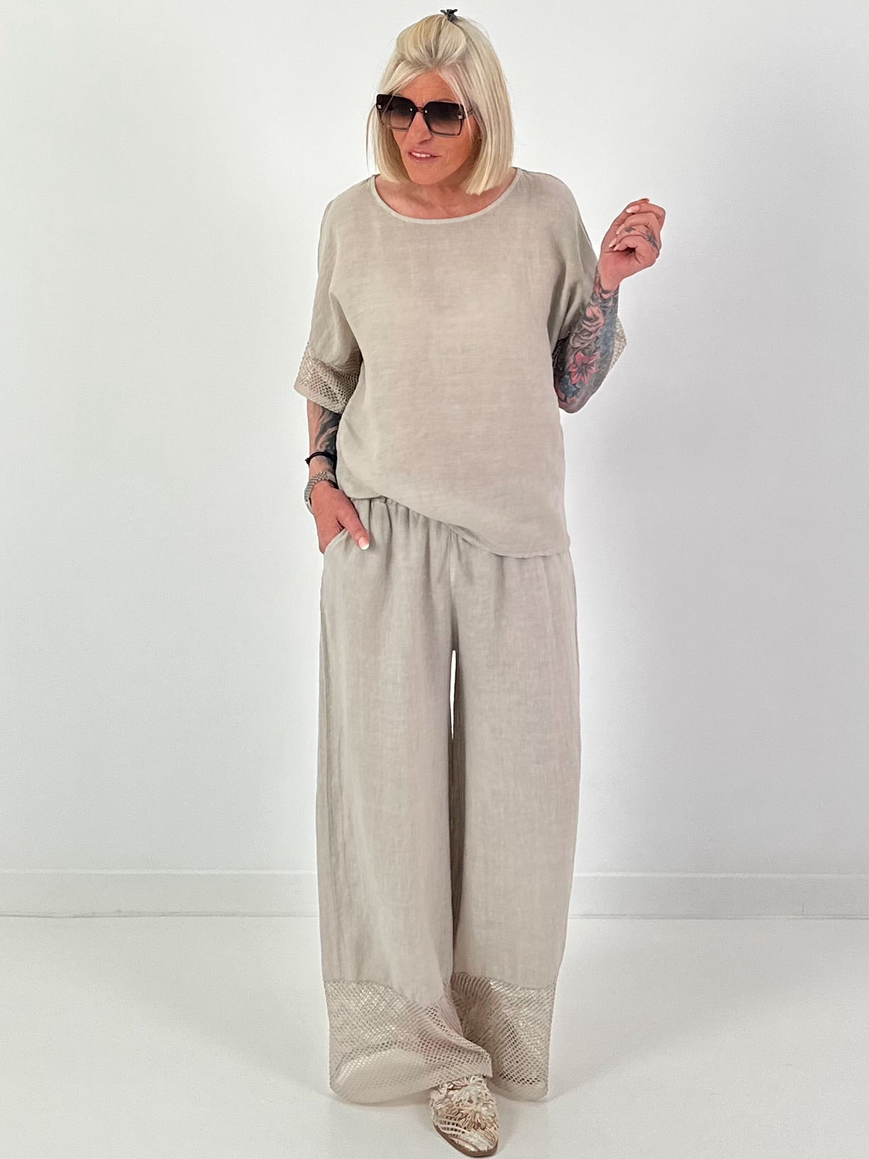Leinen Shirt mit kurzen Ärmeln - beige