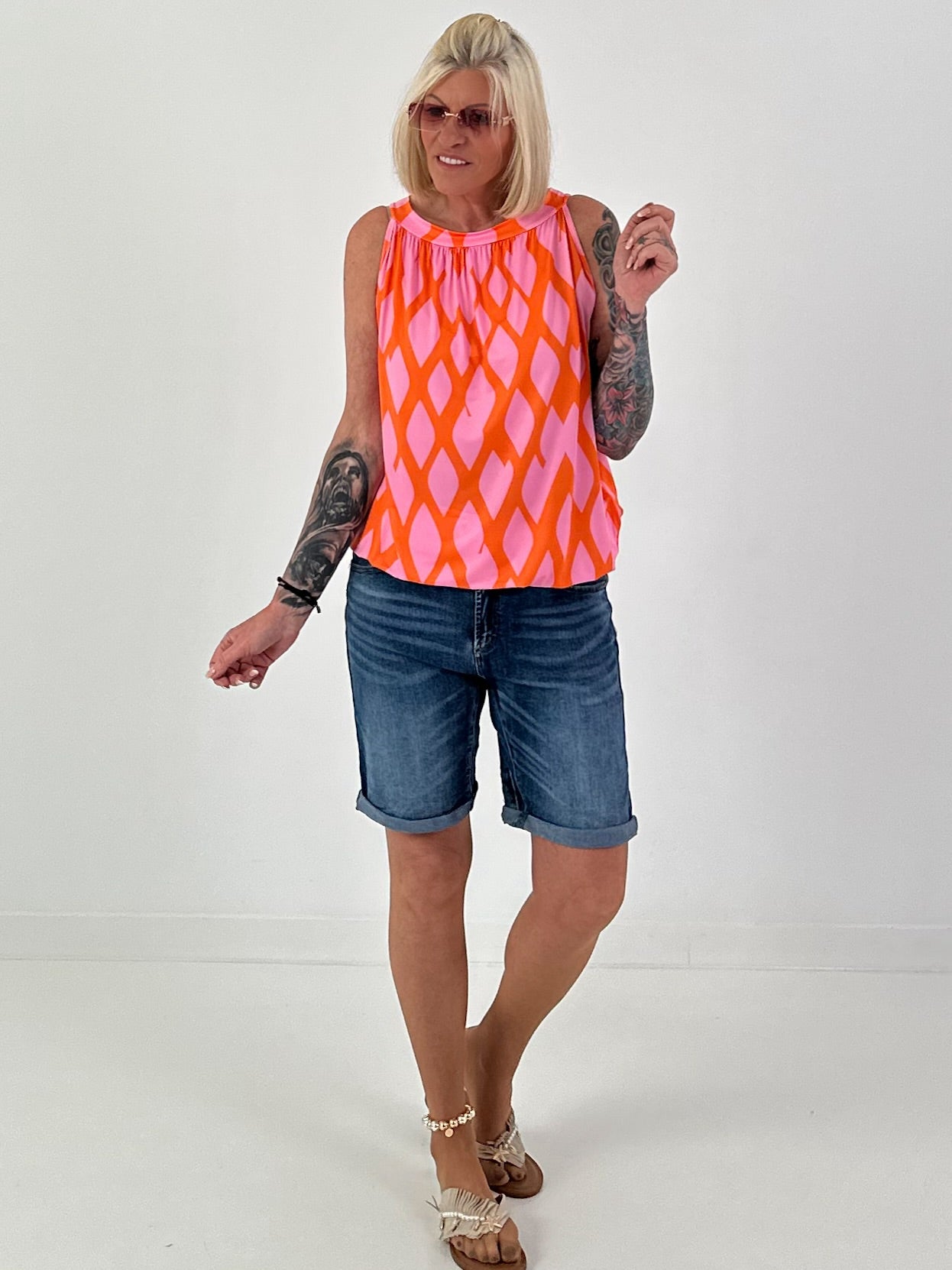 Halter Neck Top with Allover Pattern - orange-pink