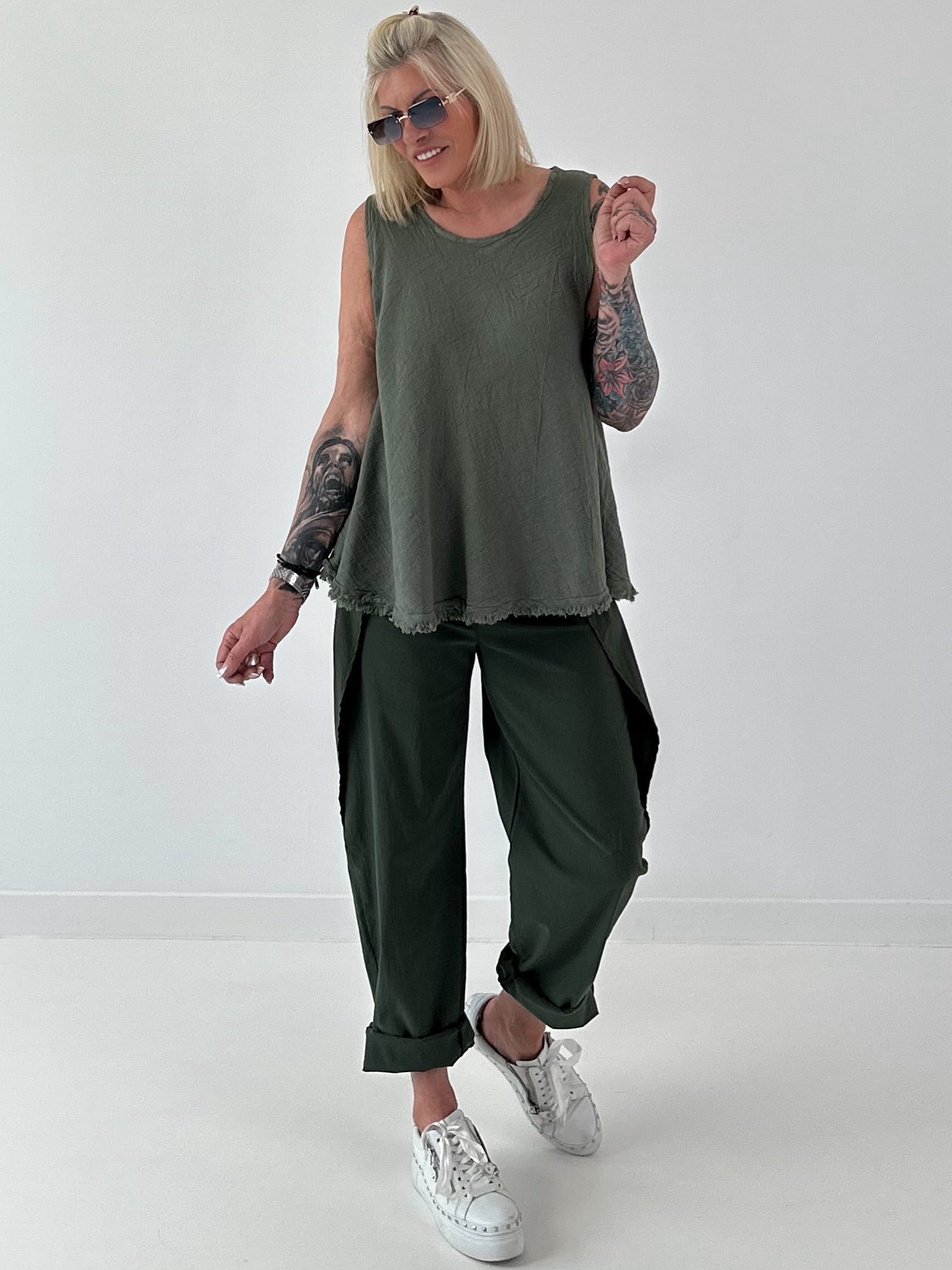 Grobes Leinen/Baumwoll Top - oliv