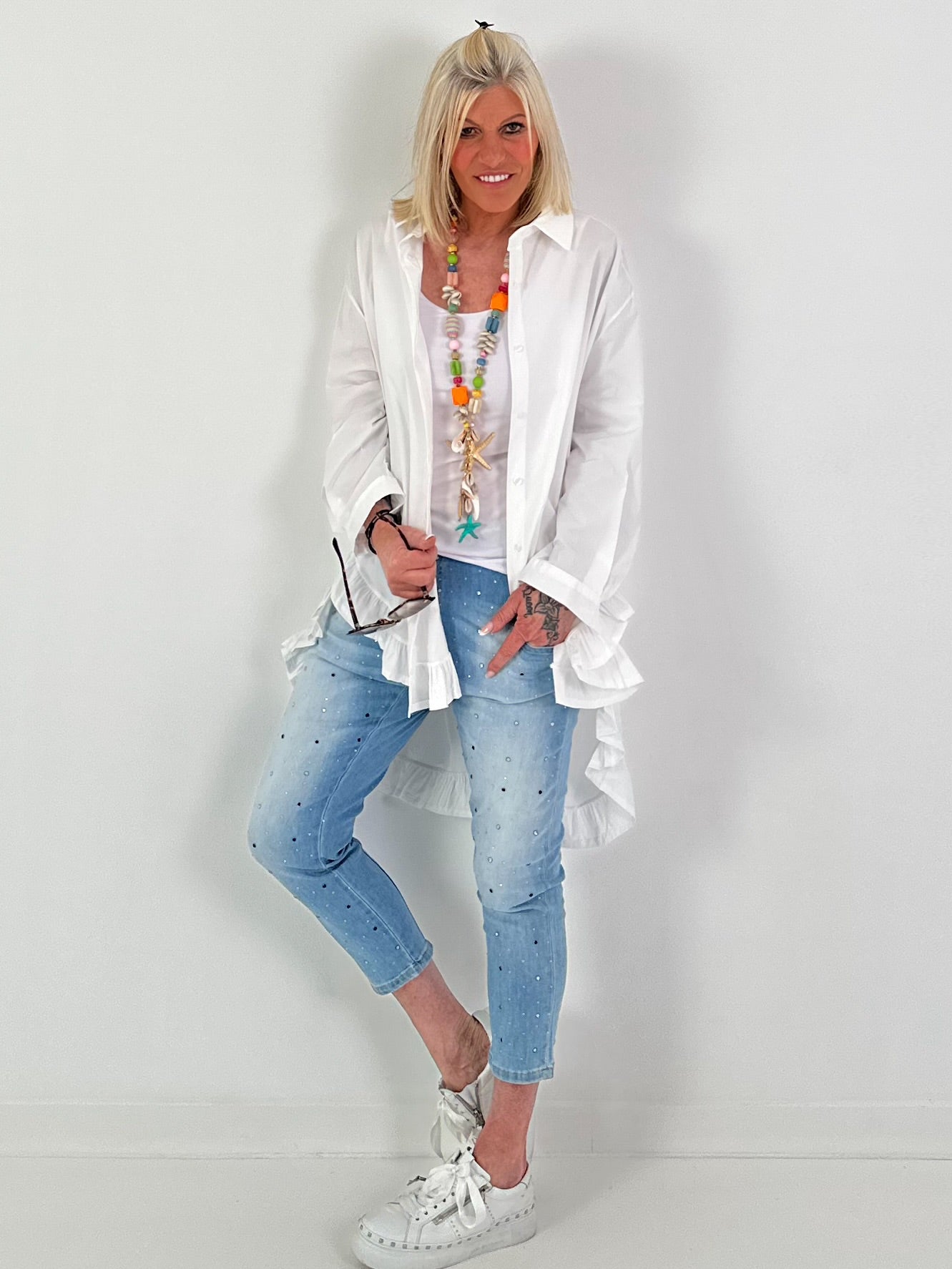 Oversized frilled shirt blouse - white