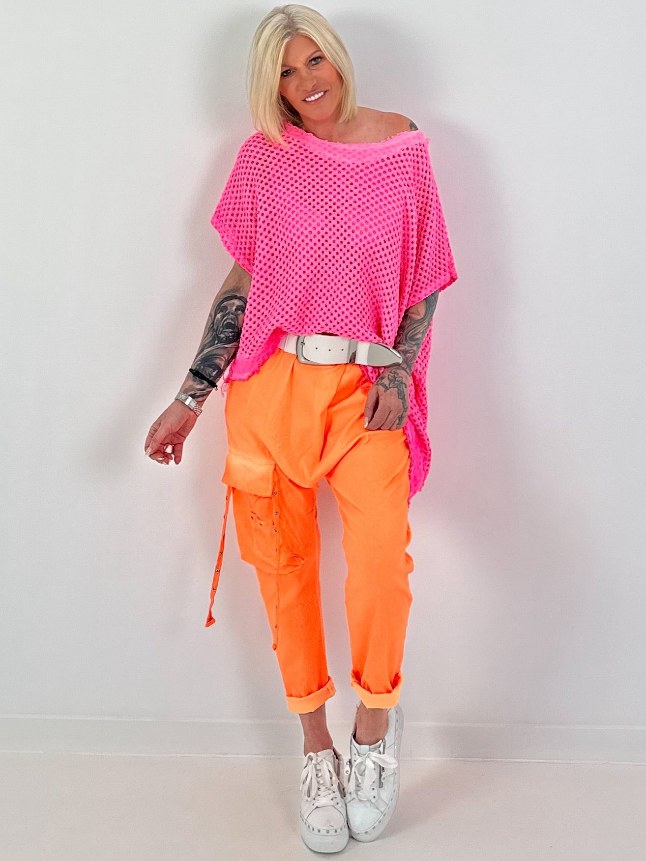 Häkelshirt mit Fransen asymmetrisch - neonpink