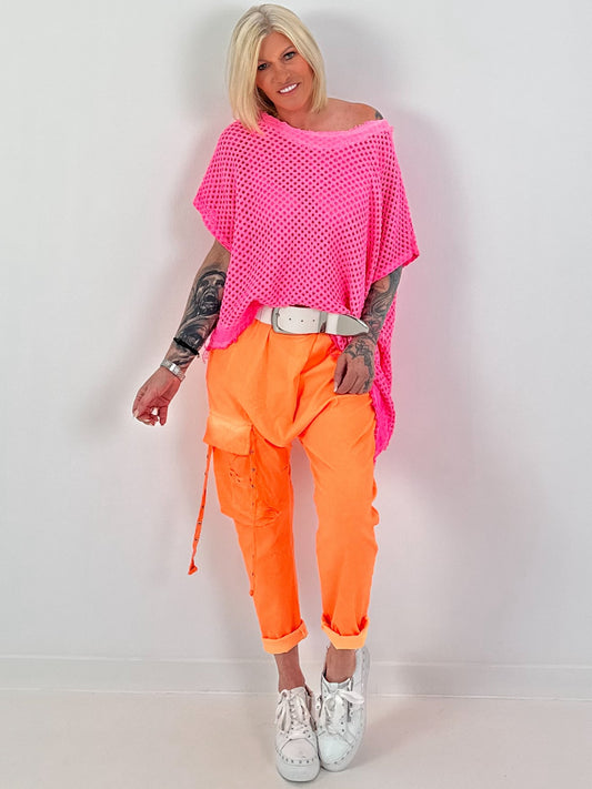 Häkelshirt mit Fransen asymmetrisch - neonpink