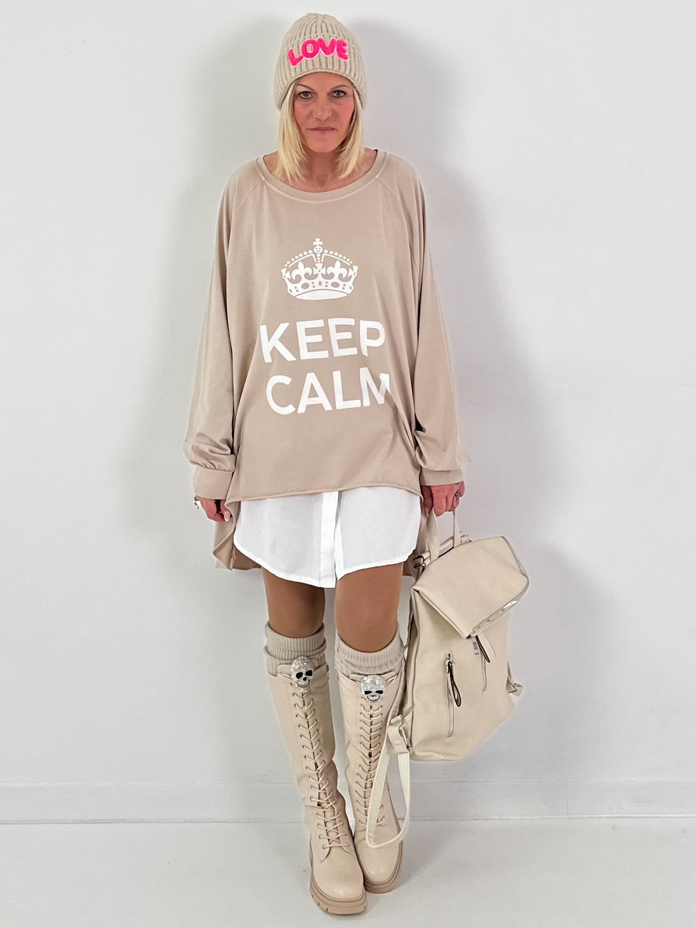 Oversized shirt model "KEEP CALM" - beige