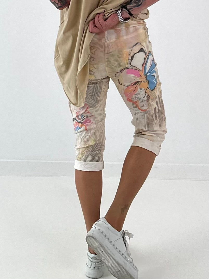 Capri Hose mit Allover-Print - gelb-beige-mehrfarbig