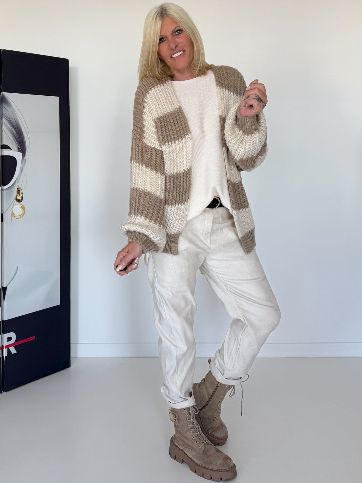 Strickjacke mit Blockstreifen - beige-taupe
