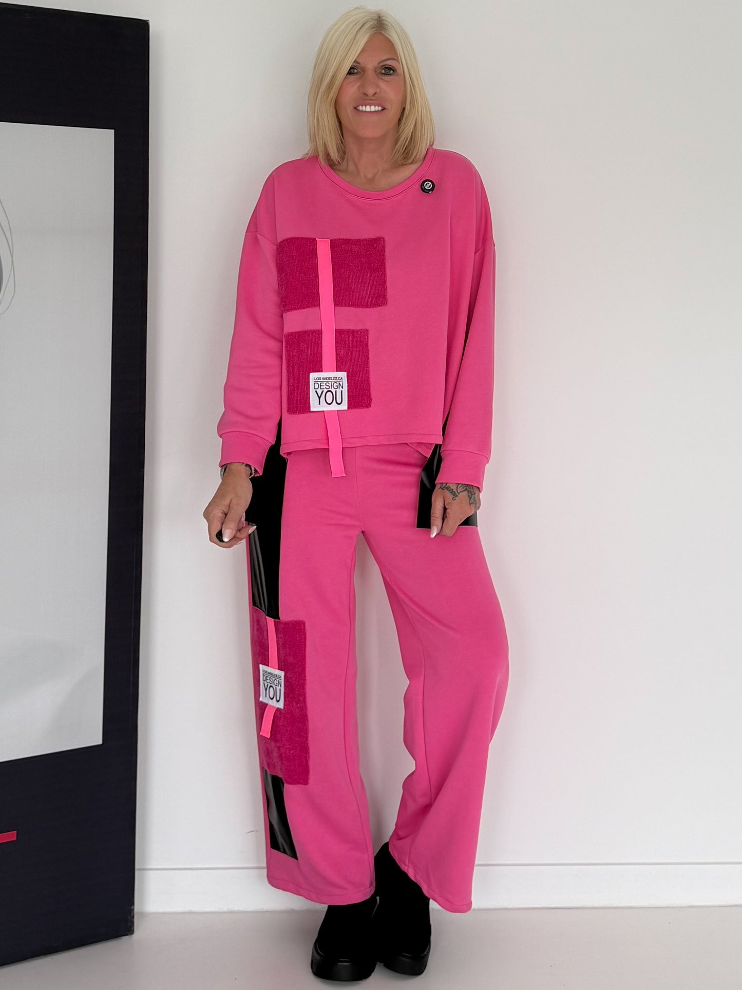 Stylischer Zweiteiler mit Lederoptik- und Kord-Details - pink