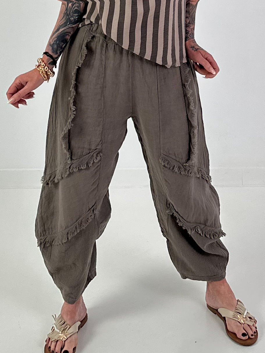 Balloon Linen Trousers with Fringe Details - taupe