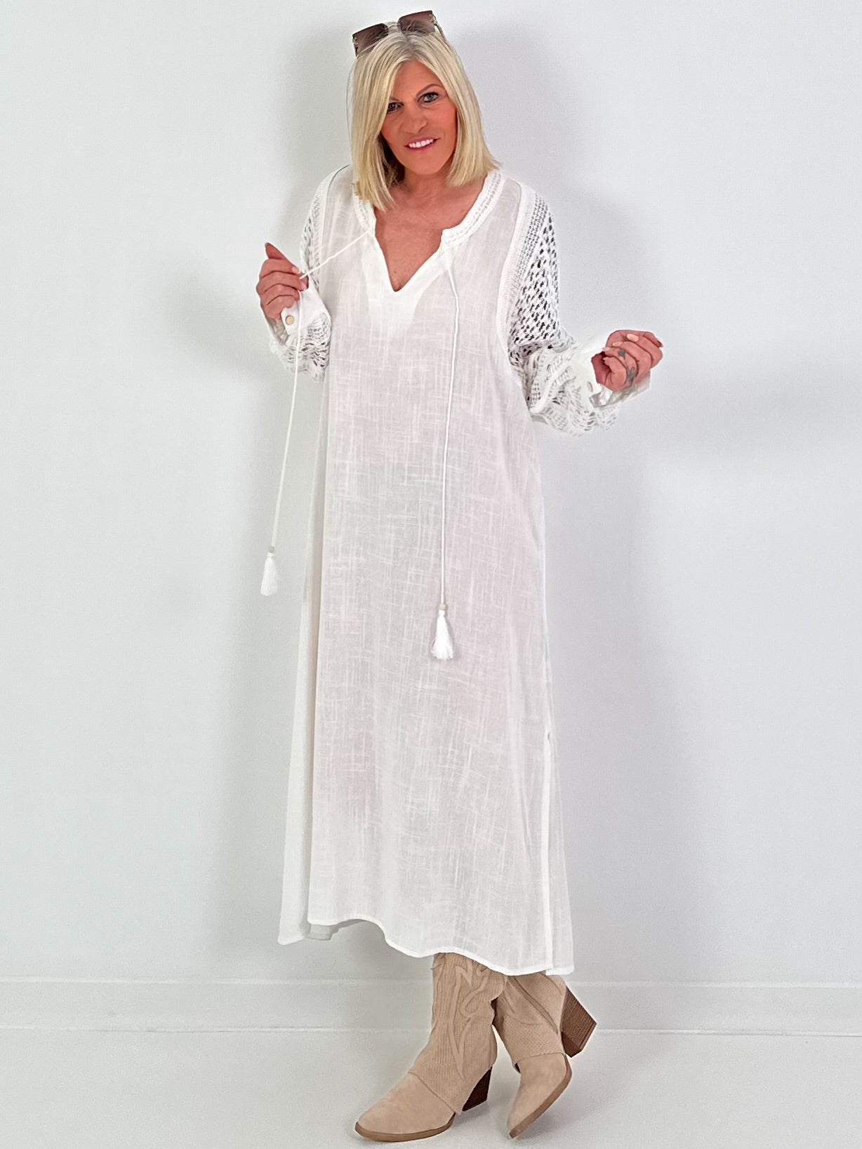 Linen Dress with Crochet Inserts - White