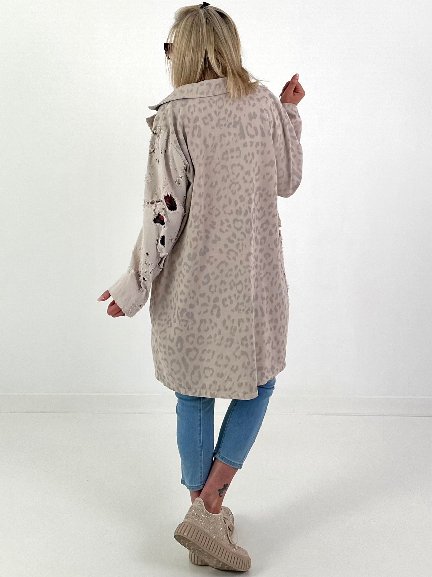 Destroyed Look Leopard Denim Jacket - beige