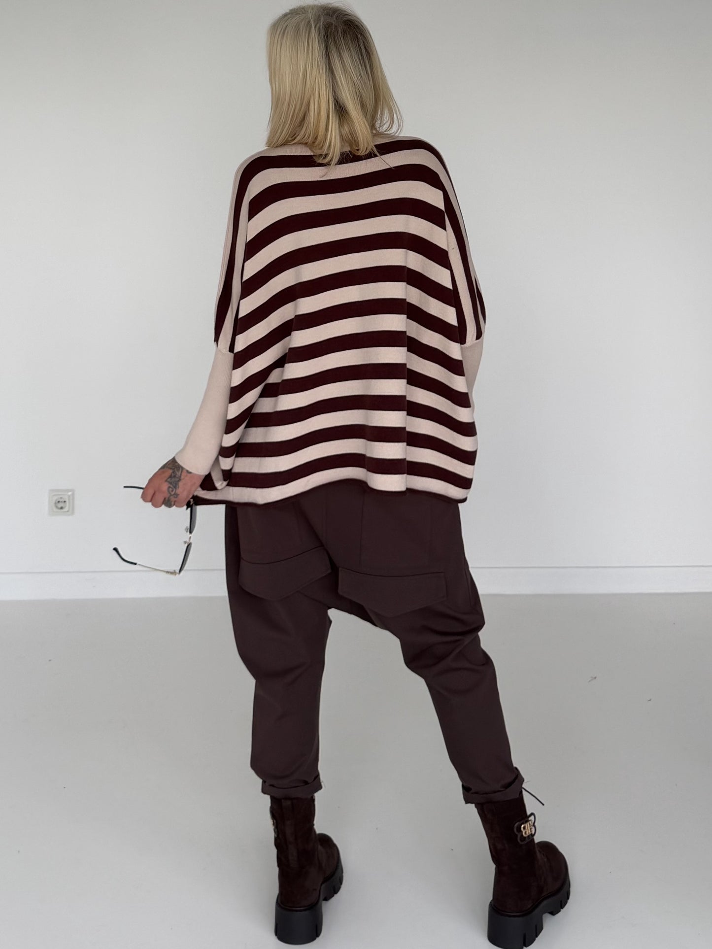 Strickpullover mit Streifen und Stulpenärmeln - beige-mokka