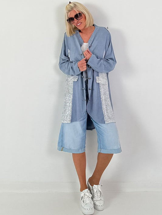 Oversized Leinen-Military Blazer - taubenblau