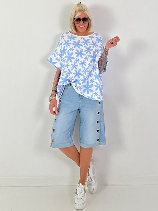 Sweat T-Shirt mit floralem Muster - weiss-hellblau