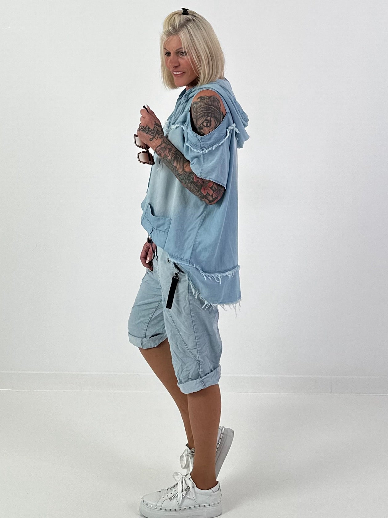 Jeans Shirt with Off-Shoulder Cut-Outs - Light Blue (available from May 14, 2026)