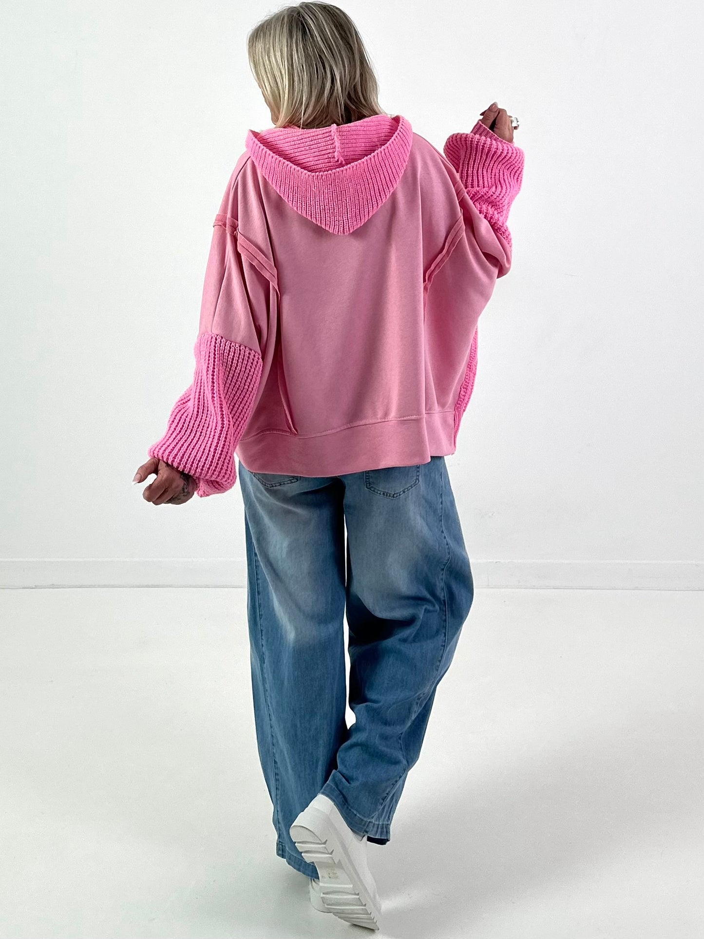 Materiaalmix hoodie model "Knit Fusion" - roze