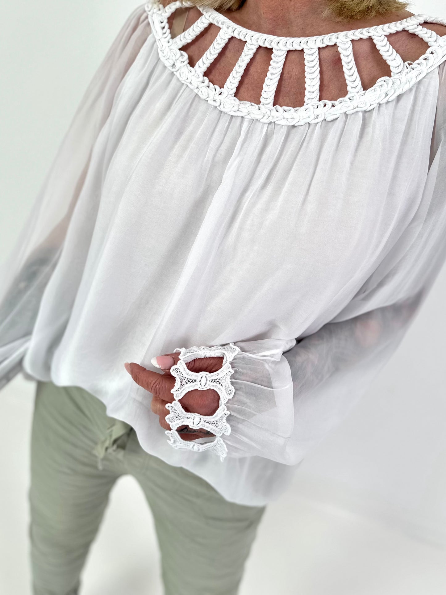 Silk Tunic with Crocheted Neckline - White