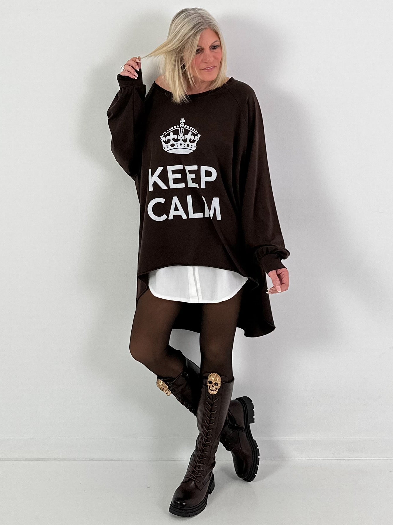 Oversized shirt model "KEEP CALM" - coffee