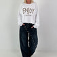 Sweater with purl seams and print - white