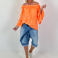 Tunic with gathered round neck and flounce sleeves - neon orange