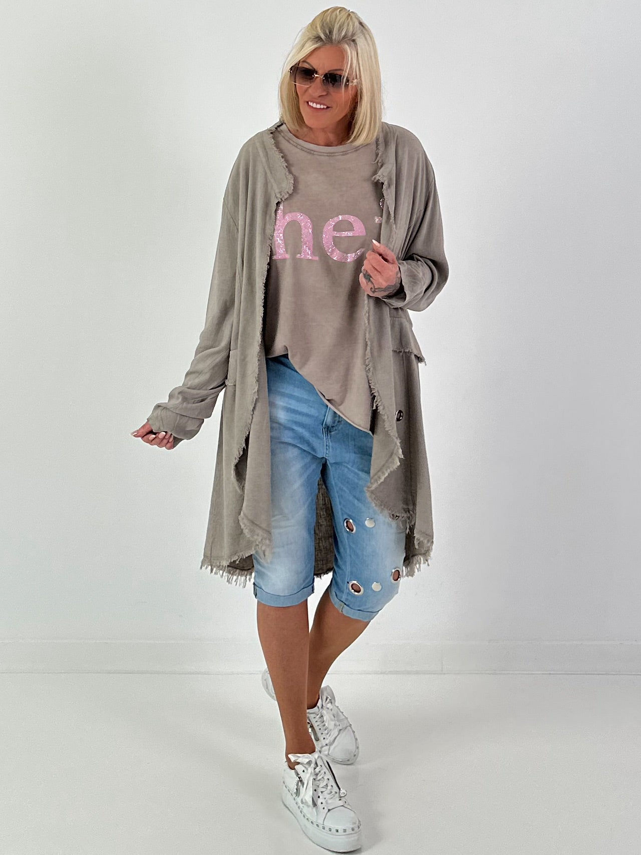 Leinen Kurzmantel mit Ösen - taupe