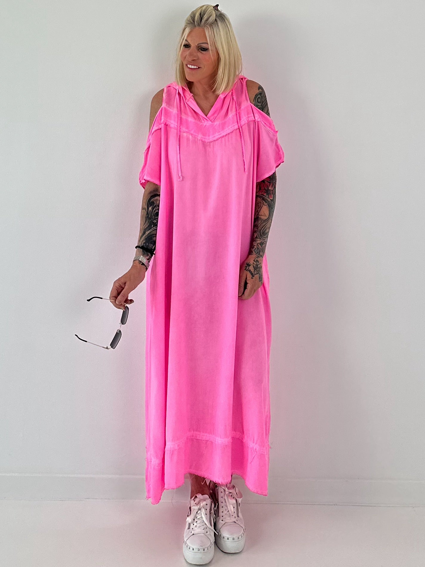 Neon pink cold shoulder hoodie dress