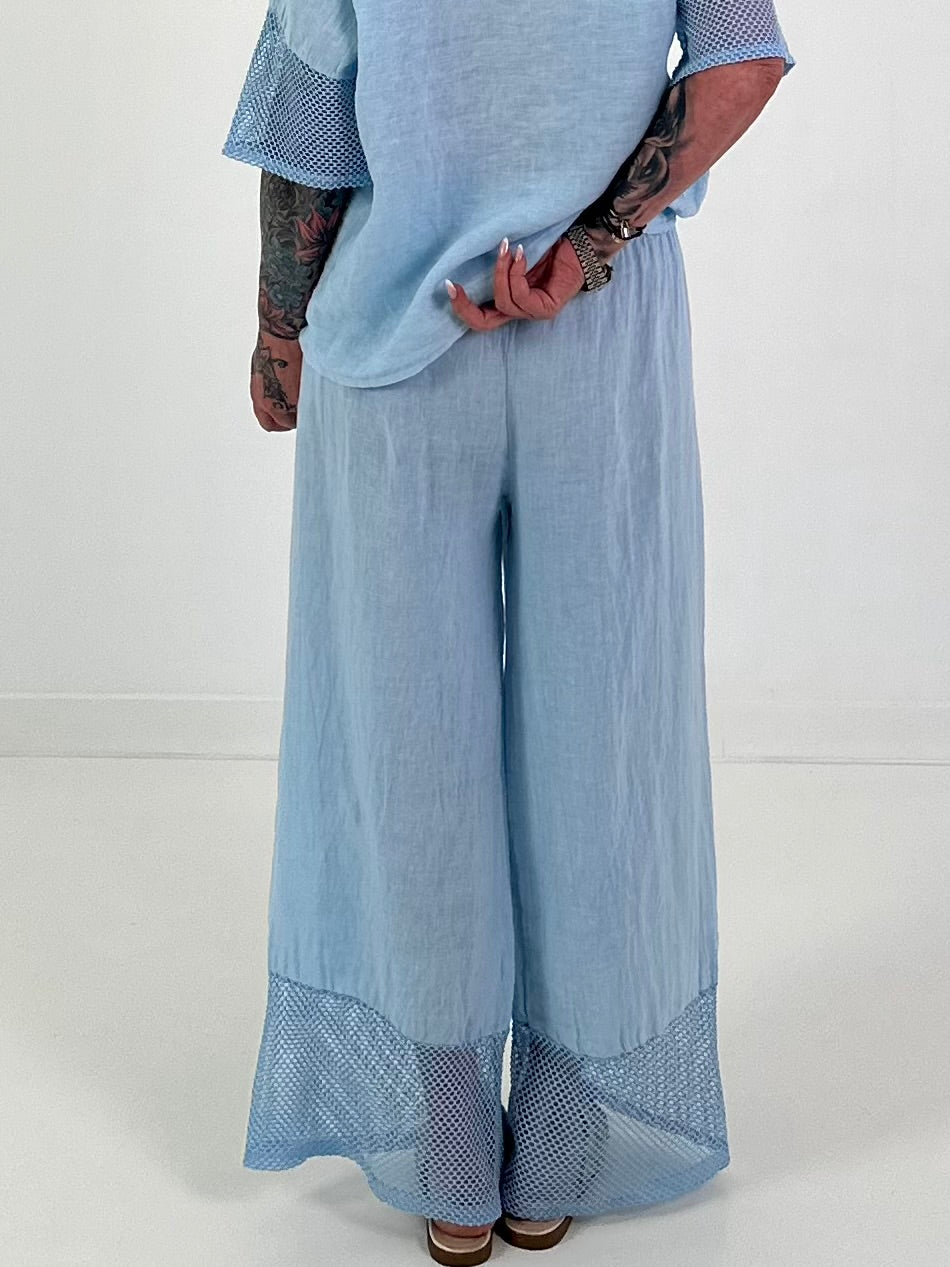 Wide-leg linen trousers - light blue