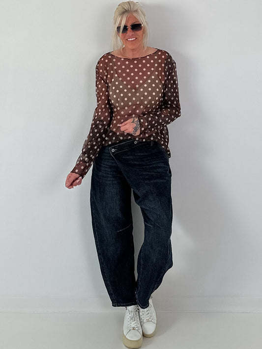 Mesh Shirt mit Punkten - mokka